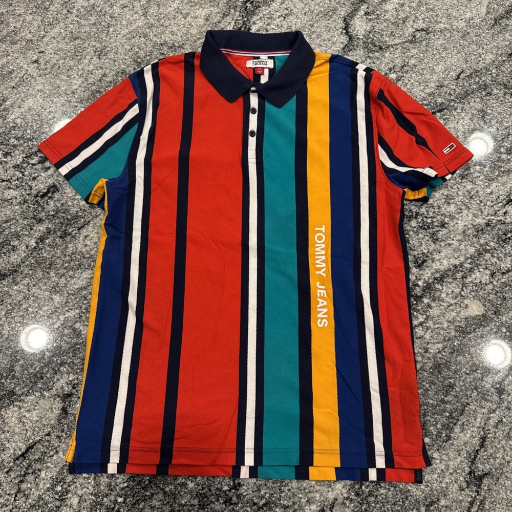 Y2K Tommy Jeans Polo Shirt Men's L Multicolor Vertical Stripe 90s Vintage Cotton